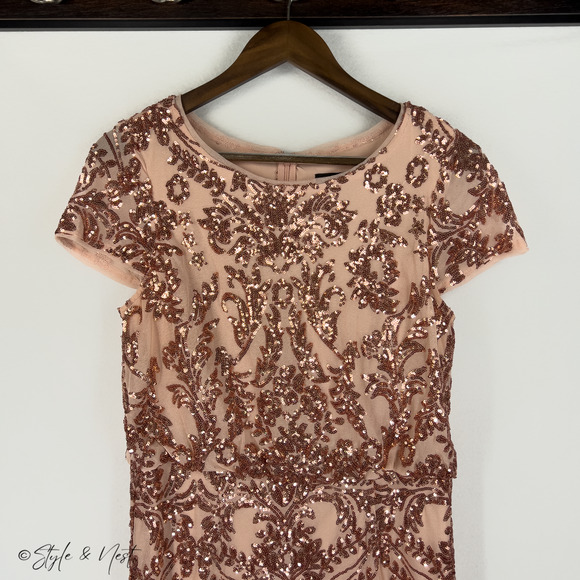 Adrianna Papell Sequin Short Dress Rose Gold Sparkle Floral Coquette Size 10 - Picture 4 of 6